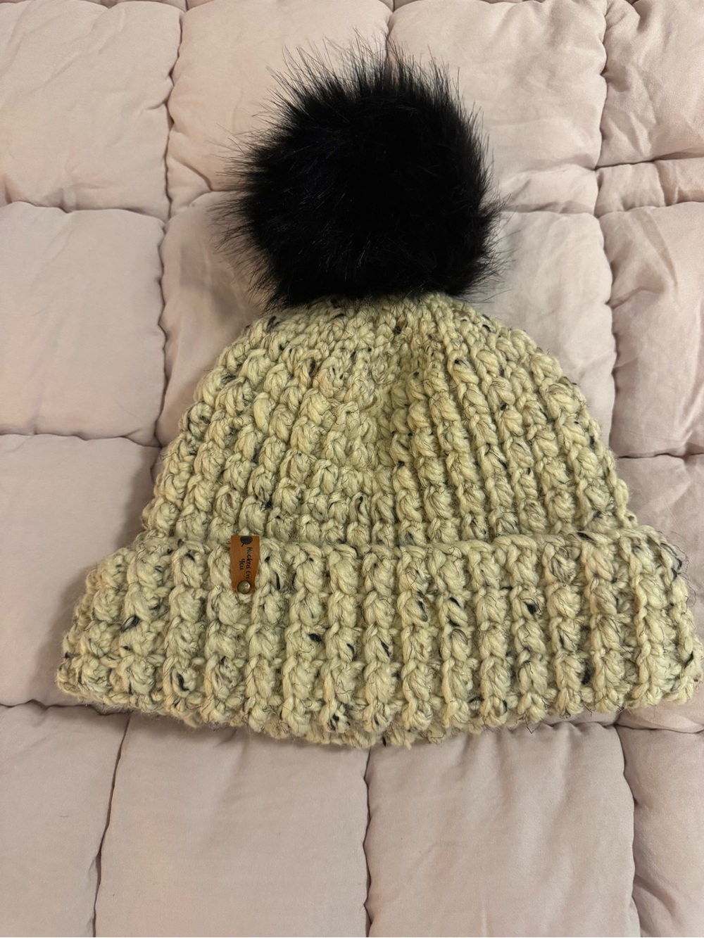 Chunky Knit Pom Beanie in Cream with Black Pom
